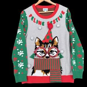 Ugly Christmas Sweater Cat Lady Rockin Around Womens Sz S Light Up Holiday